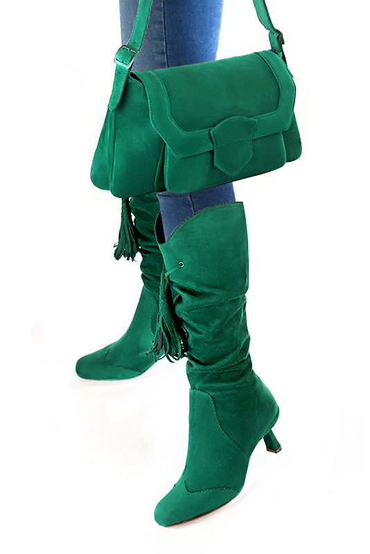 Emerald green women's dress handbag, matching pumps and belts. Worn view - Florence KOOIJMAN